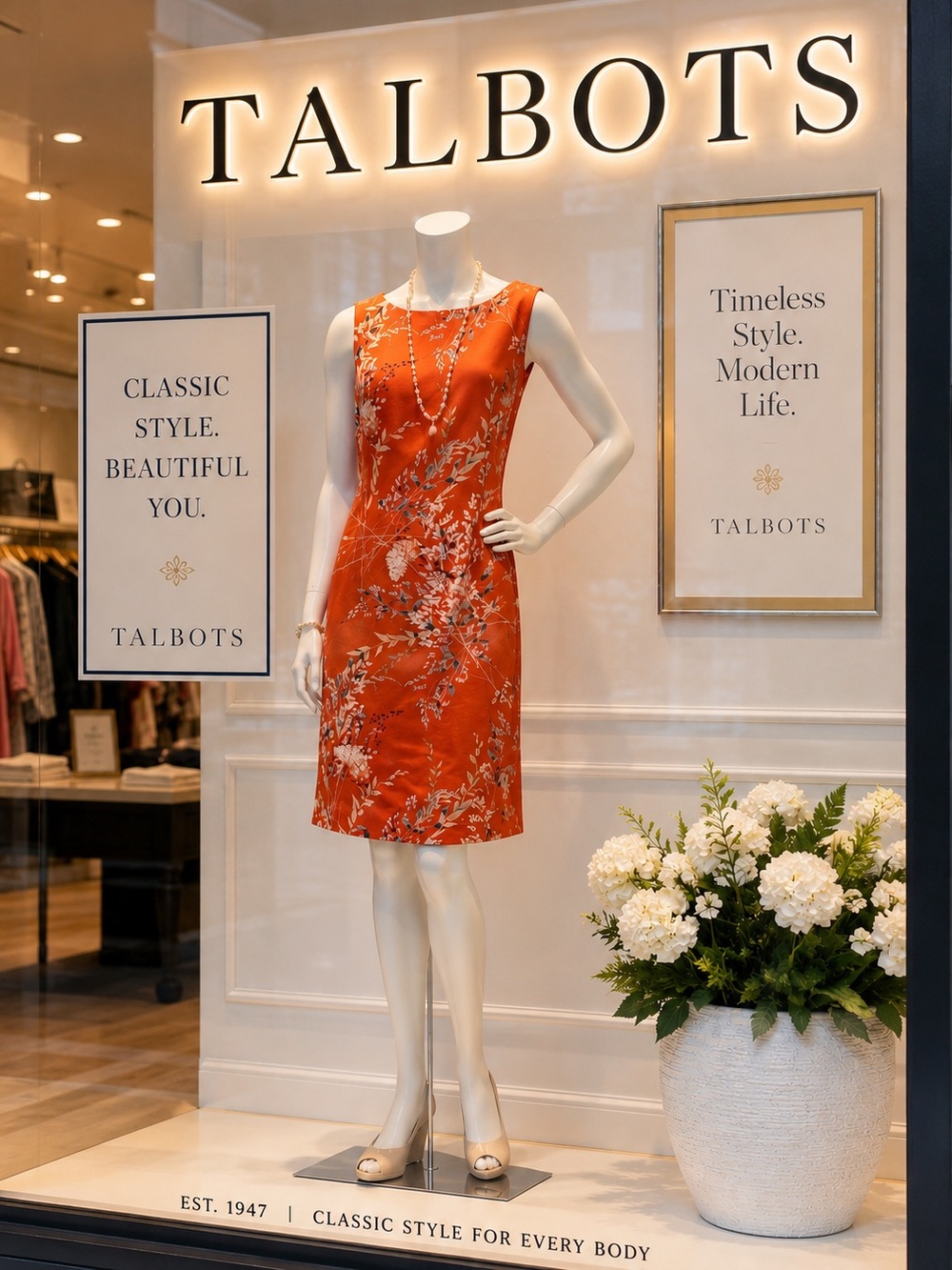 TALBOTS Floral Coral Sheath Dress Boat Neck Tank Sleeveless Fitted Lined Size 4